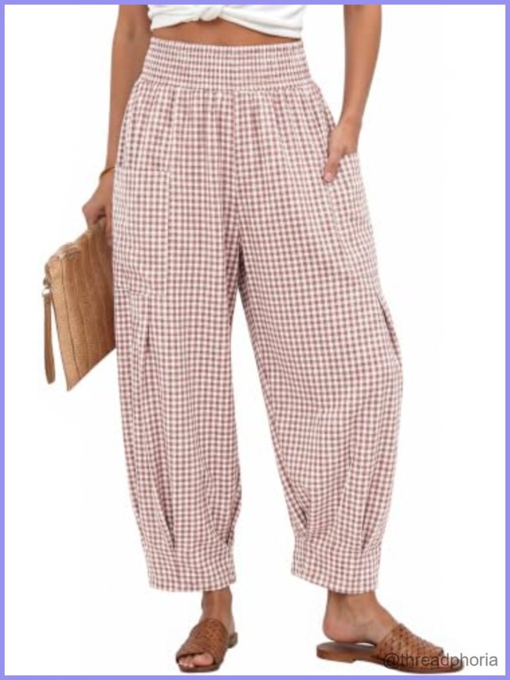 TARSE Linen Blend Gingham High Waist Baggy Palazzo Harem Pants
